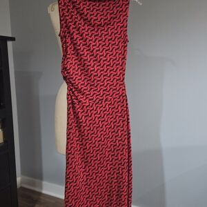 Diane Von Furstenberg Red and Black Patterned Asymmetrical Maxi Dress